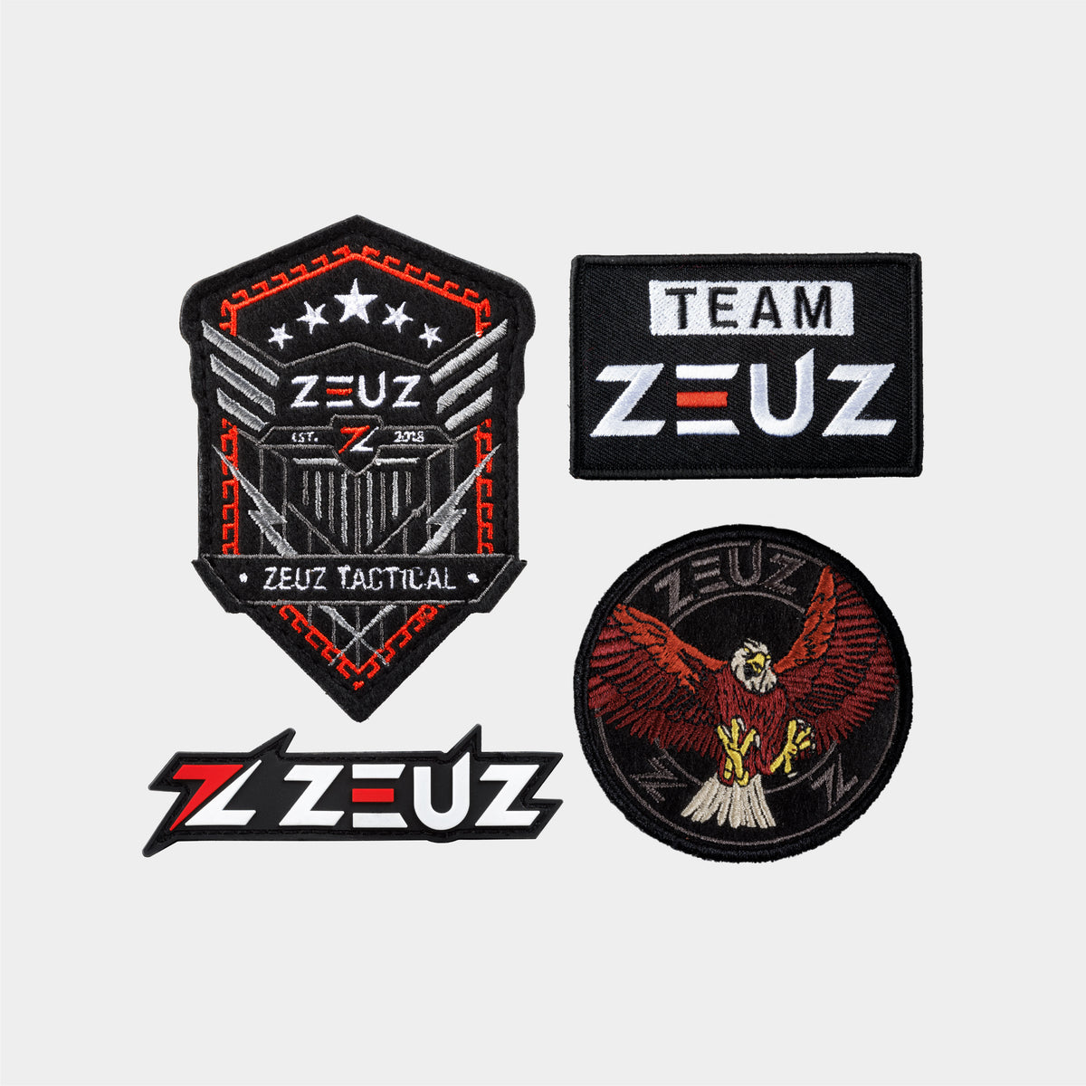 Set van 4 patches voor ZEUZ Gewichtsvest – inclusief Team ZEUZ, Eagle, Tactical en ZEUZ logo patch