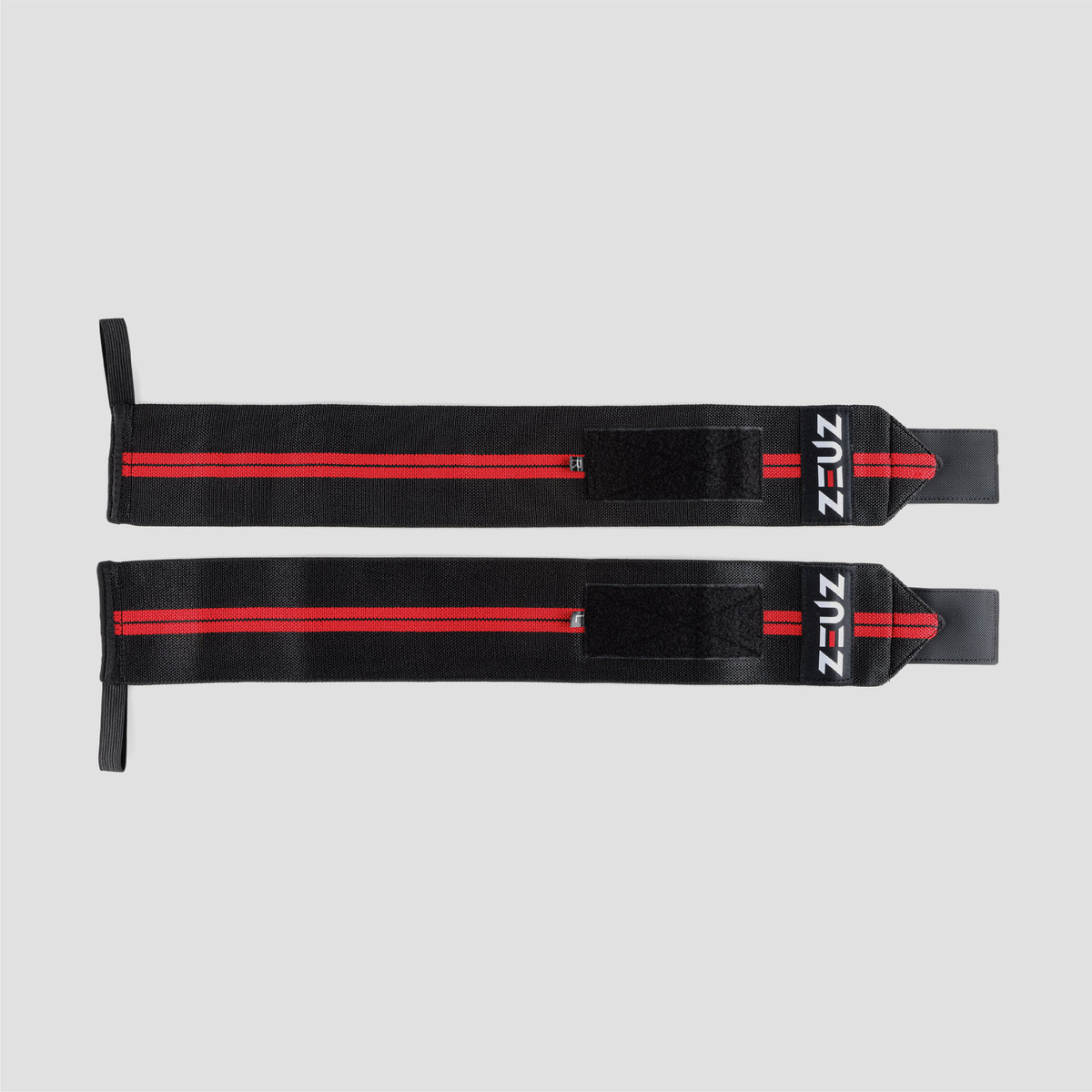 ZEUZ Wrist Wraps zwart met rode strepen – uitgerold om volledige lengte en structuur te tonen