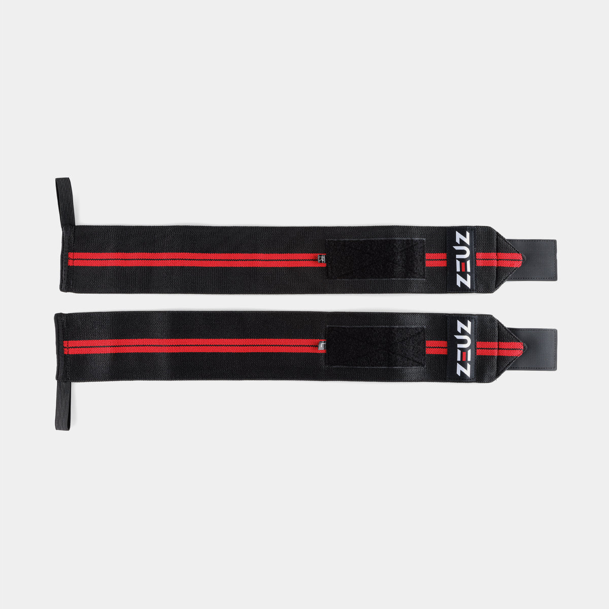 ZEUZ Wrist Wraps zwart met rode strepen – uitgerold om volledige lengte en structuur te tonen