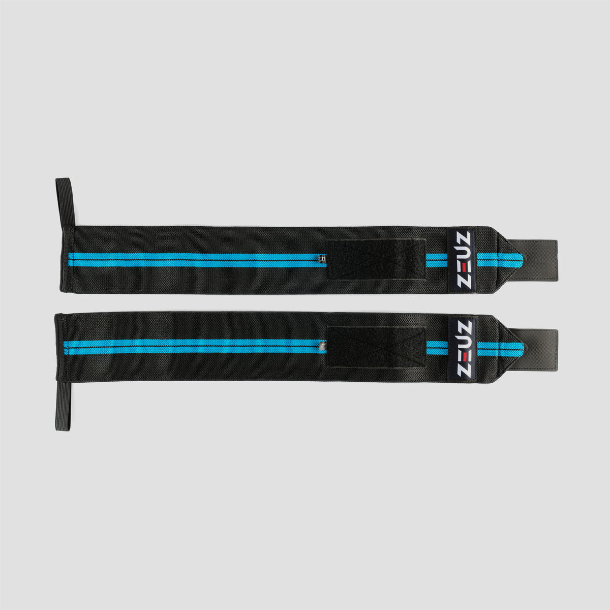 ZEUZ Wrist Wraps zwart met blauwe strepen – uitgerold om volledige lengte en structuur te tonen