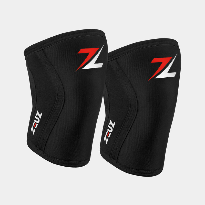 Zwarte ZEUZ Knee Sleeves met rood-wit logo – set van 2 kniebanden voor fitness