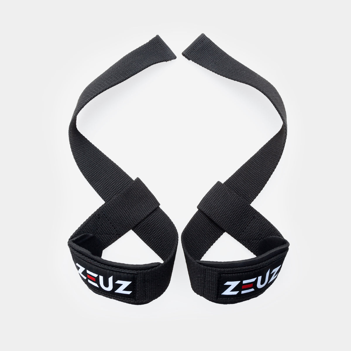 Vooraanzicht van ZEUZ Lifting Straps zwart – verstevigd stiksel en logo zichtbaar