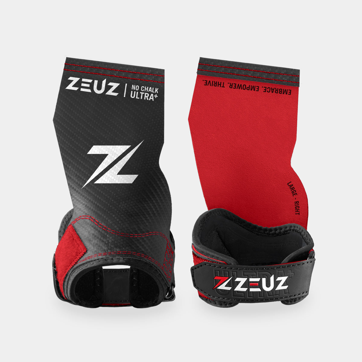 ZEUZ Ultra Plus No Chalk Fitness Grips - Rood – grips met v-vorm polsband