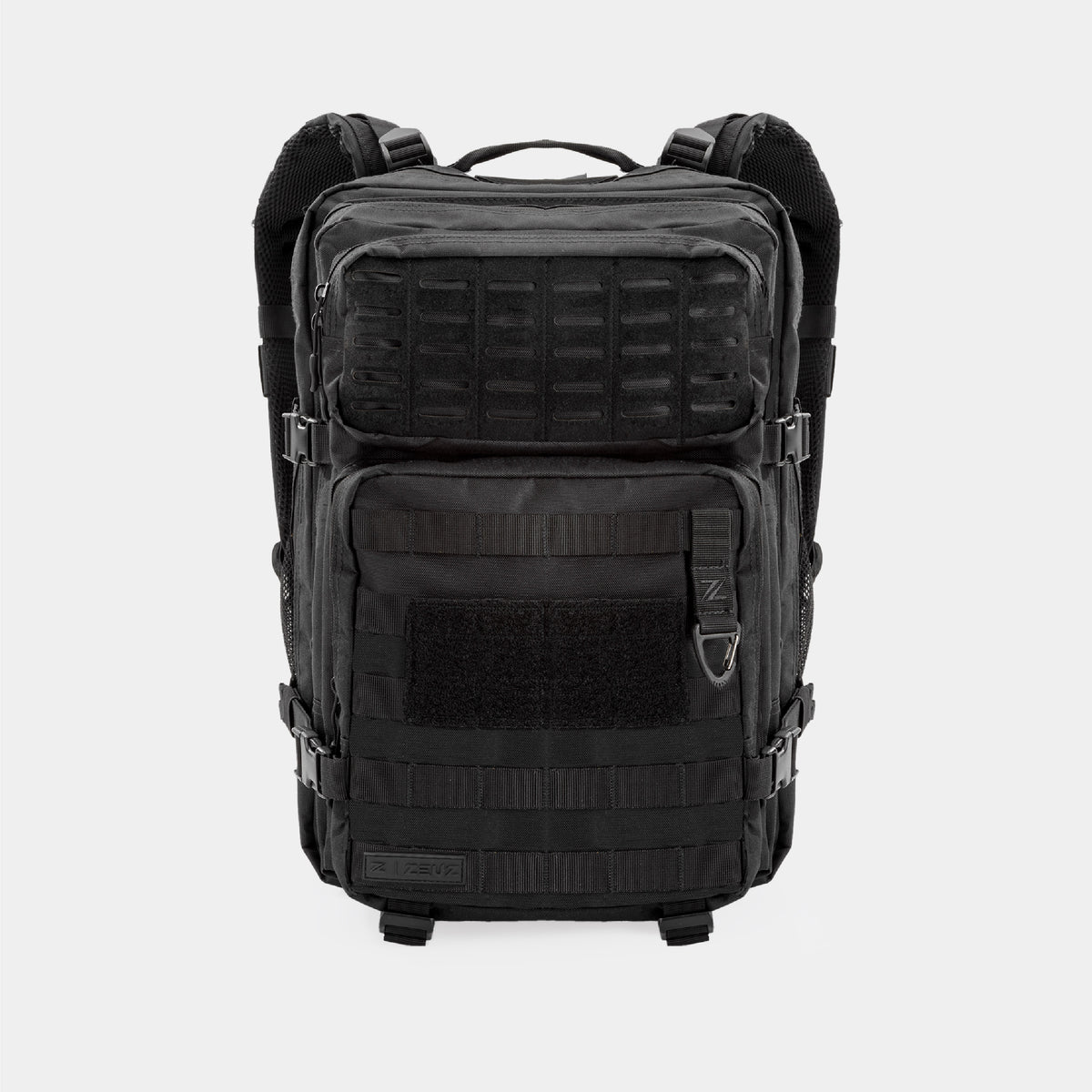 Voorkant van de ZEUZ Tactical Rugzak zwart – voorzien van klittenband voor patches